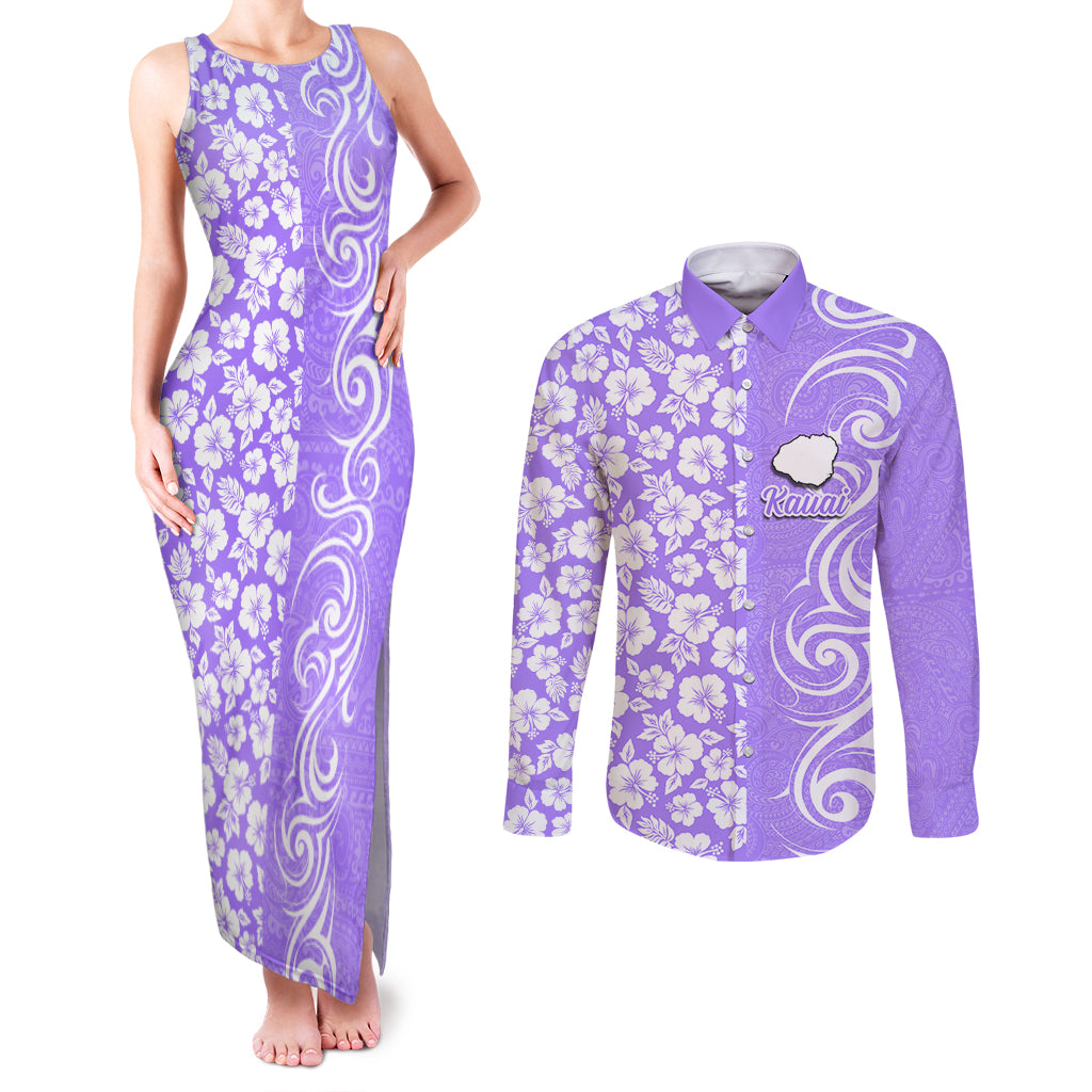 Hawaii Kauai Island Couples Matching Tank Maxi Dress and Long Sleeve Button Shirts Hibiscus Pattern Seamless Tribal Simple Purple LT03 Purple - Polynesian Pride