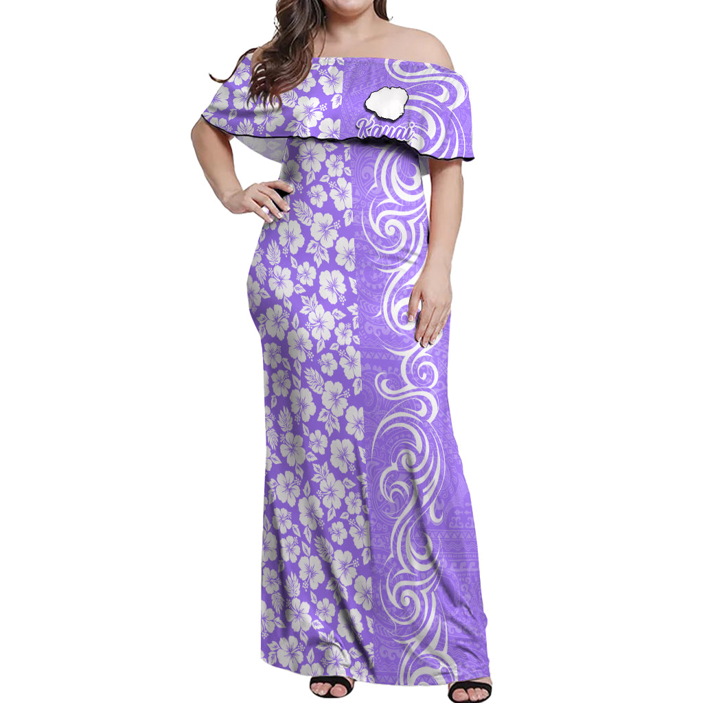Hawaii Kauai Island Off Shoulder Maxi Dress Hibiscus Pattern Seamless Tribal Simple Purple LT03 Women Purple - Polynesian Pride