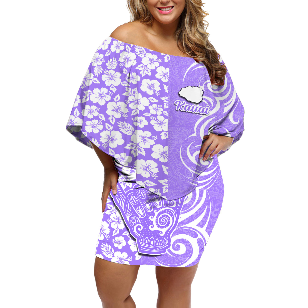 Hawaii Kauai Island Off Shoulder Short Dress Hibiscus Pattern Seamless Tribal Simple Purple LT03 Women Purple - Polynesian Pride