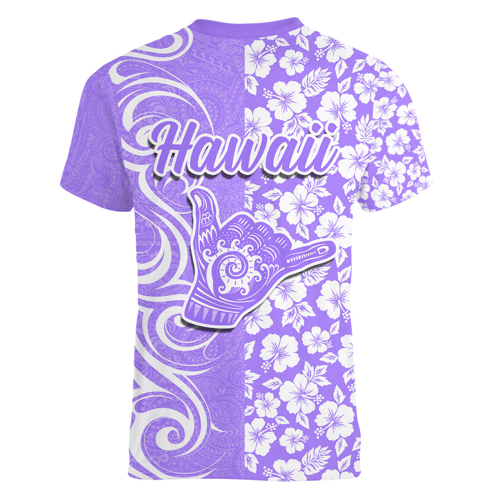 Hawaii Kauai Island Women V Neck T Shirt Hibiscus Pattern Seamless Tribal Simple Purple LT03 - Polynesian Pride