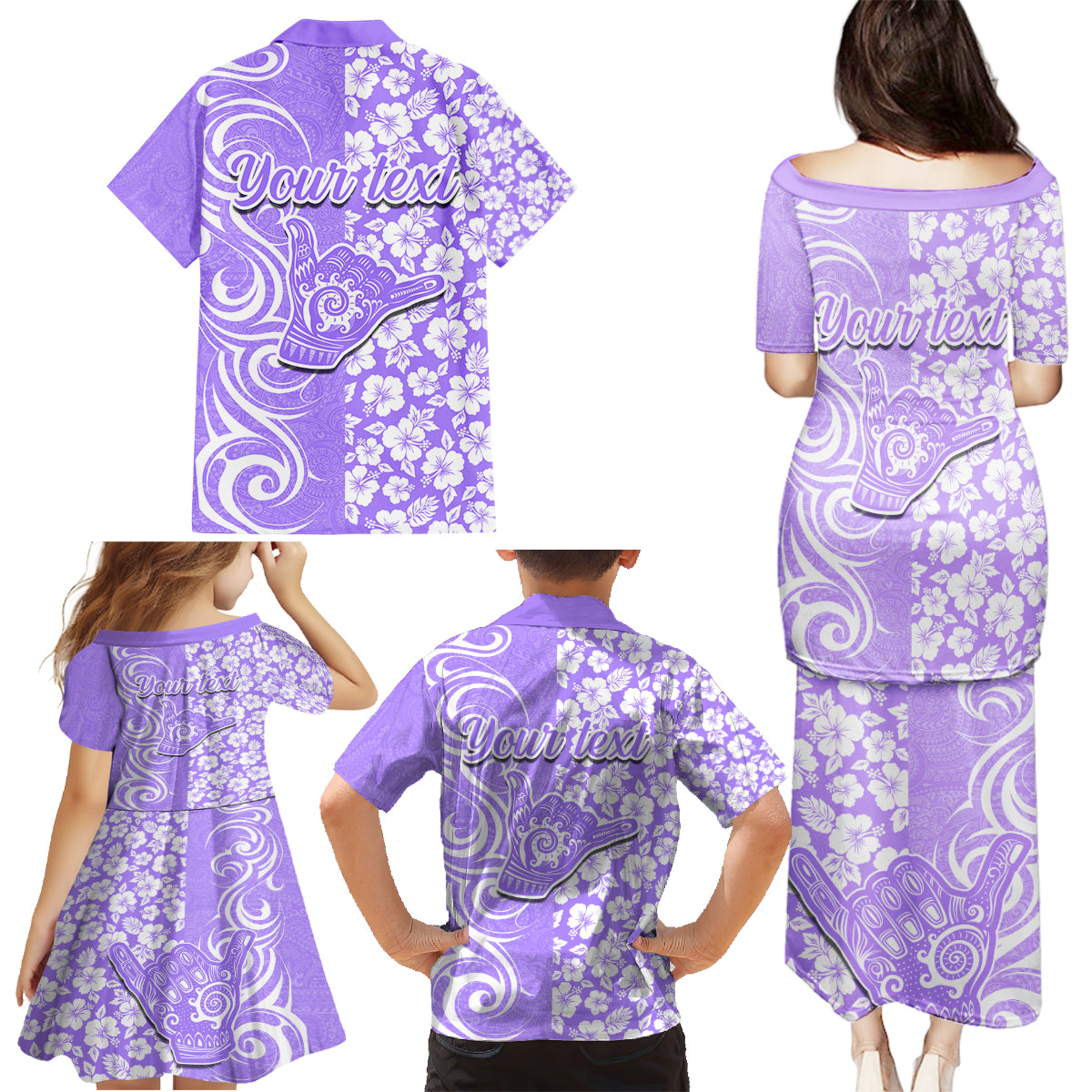 Custom Hawaii Kauai Island Family Matching Puletasi Dress and Hawaiian Shirt Hibiscus Pattern Seamless Tribal Simple Purple LT03 - Polynesian Pride