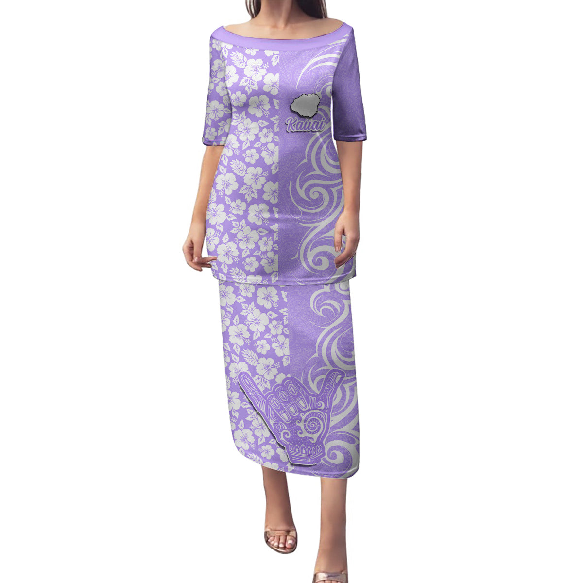 Custom Hawaii Kauai Island Family Matching Puletasi Dress and Hawaiian Shirt Hibiscus Pattern Seamless Tribal Simple Purple LT03 Mom's Dress Purple - Polynesian Pride