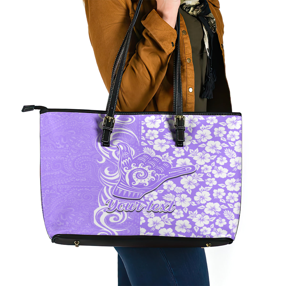 Custom Hawaii Kauai Island Leather Tote Bag Hibiscus Pattern Seamless Tribal Simple Purple LT03 - Polynesian Pride
