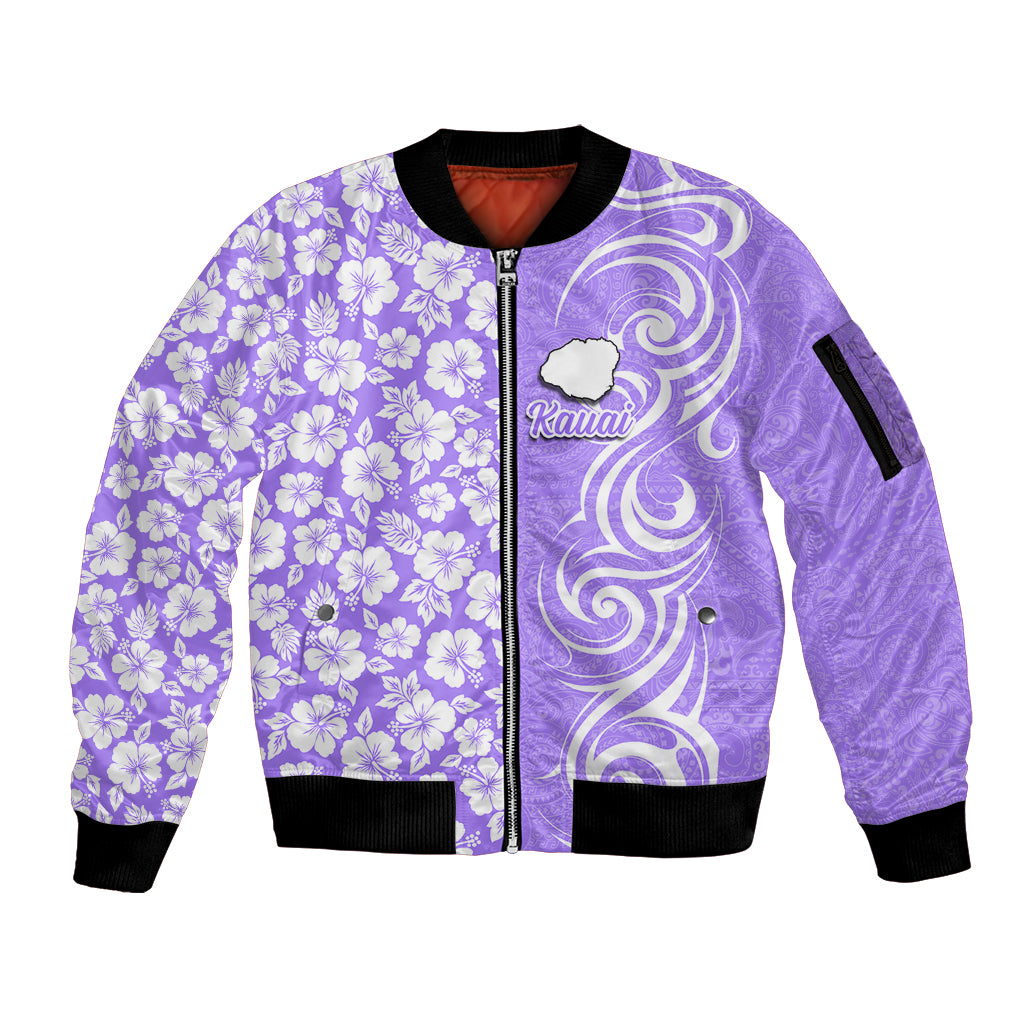 Custom Hawaii Kauai Island Sleeve Zip Bomber Jacket Hibiscus Pattern Seamless Tribal Simple Purple LT03 Unisex Purple - Polynesian Pride