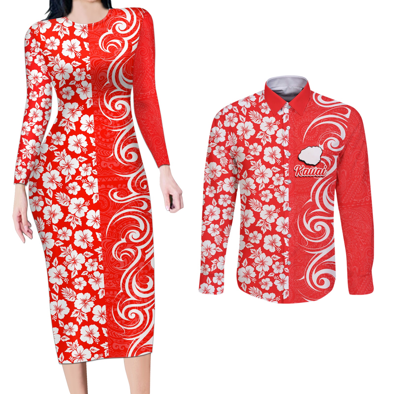 Hawaii Kauai Island Couples Matching Long Sleeve Bodycon Dress and Long Sleeve Button Shirts Hibiscus Pattern Seamless Tribal Simple Red LT03 Red - Polynesian Pride