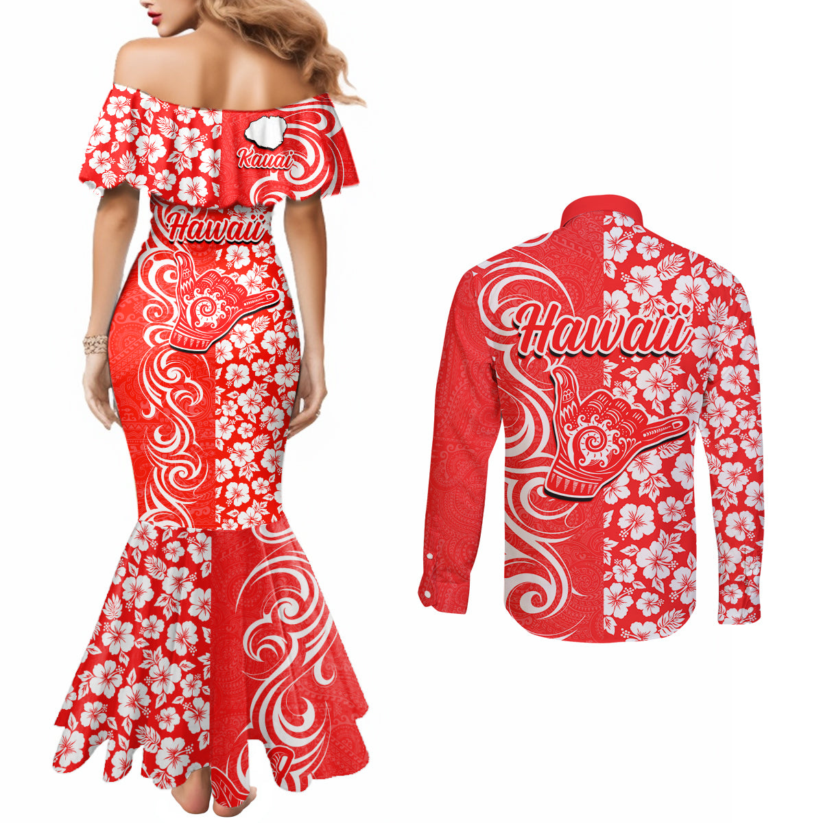 Hawaii Kauai Island Couples Matching Mermaid Dress and Long Sleeve Button Shirts Hibiscus Pattern Seamless Tribal Simple Red LT03 - Polynesian Pride