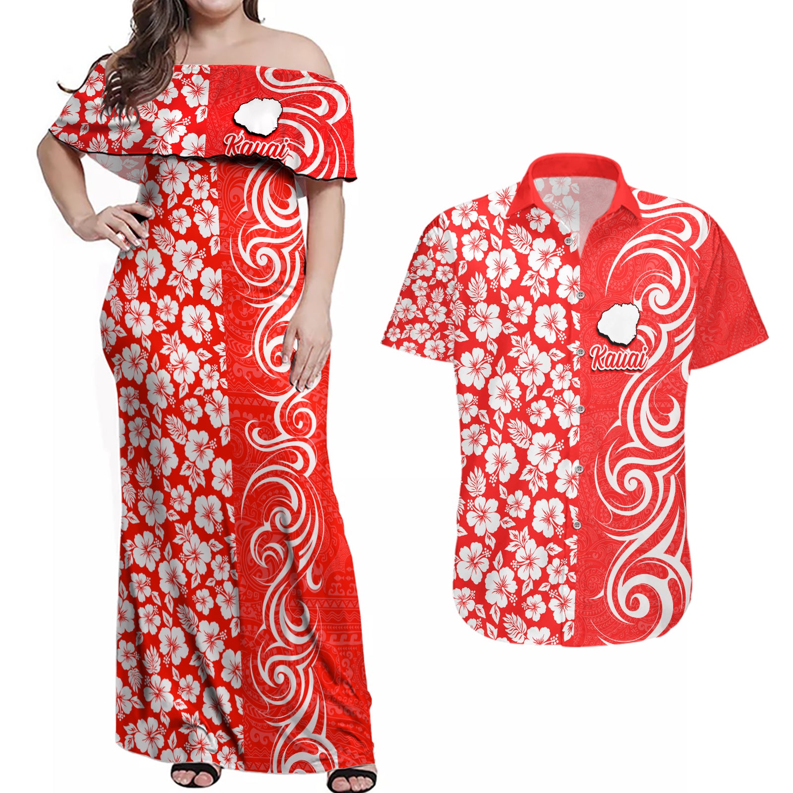 Hawaii Kauai Island Couples Matching Off Shoulder Maxi Dress and Hawaiian Shirt Hibiscus Pattern Seamless Tribal Simple Red LT03 Red - Polynesian Pride