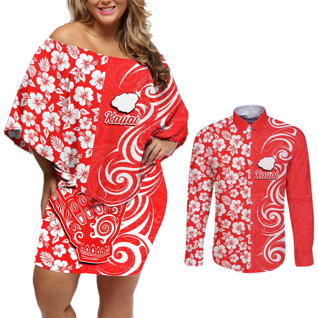 Hawaii Kauai Island Couples Matching Off Shoulder Short Dress and Long Sleeve Button Shirts Hibiscus Pattern Seamless Tribal Simple Red LT03 Red - Polynesian Pride