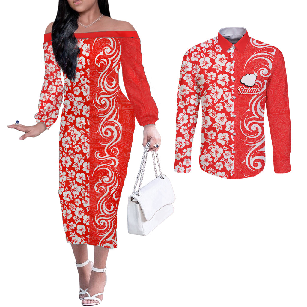 Hawaii Kauai Island Couples Matching Off The Shoulder Long Sleeve Dress and Long Sleeve Button Shirts Hibiscus Pattern Seamless Tribal Simple Red LT03 Red - Polynesian Pride