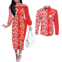 Hawaii Kauai Island Couples Matching Off The Shoulder Long Sleeve Dress and Long Sleeve Button Shirts Hibiscus Pattern Seamless Tribal Simple Red LT03 Red - Polynesian Pride