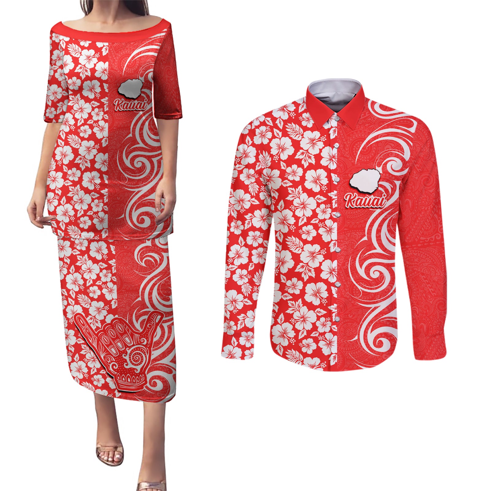 Hawaii Kauai Island Couples Matching Puletasi Dress and Long Sleeve Button Shirts Hibiscus Pattern Seamless Tribal Simple Red LT03 Red - Polynesian Pride