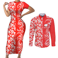 Hawaii Kauai Island Couples Matching Short Sleeve Bodycon Dress and Long Sleeve Button Shirts Hibiscus Pattern Seamless Tribal Simple Red LT03 Red - Polynesian Pride