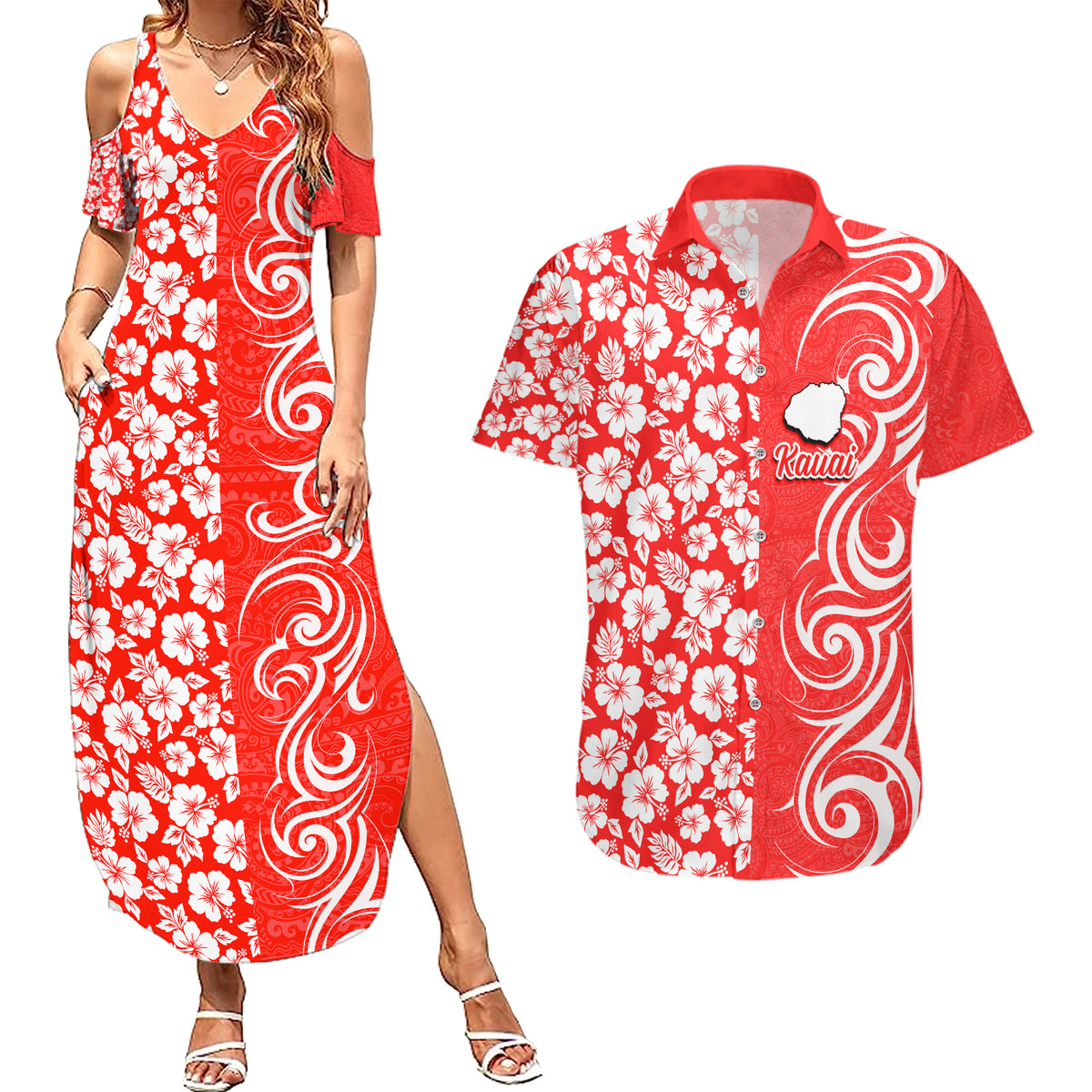 Hawaii Kauai Island Couples Matching Summer Maxi Dress and Hawaiian Shirt Hibiscus Pattern Seamless Tribal Simple Red LT03 Red - Polynesian Pride