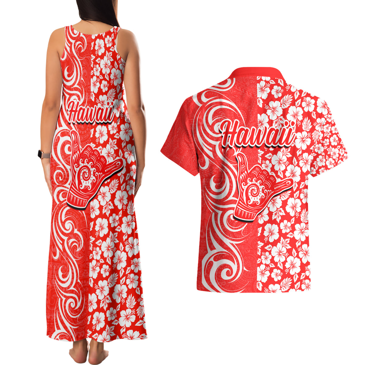 Hawaii Kauai Island Couples Matching Tank Maxi Dress and Hawaiian Shirt Hibiscus Pattern Seamless Tribal Simple Red LT03 - Polynesian Pride