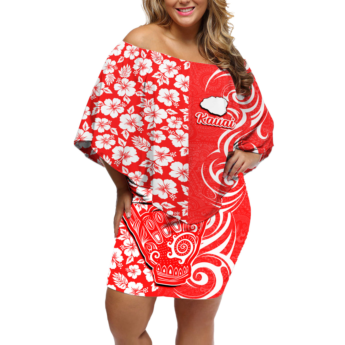 Hawaii Kauai Island Off Shoulder Short Dress Hibiscus Pattern Seamless Tribal Simple Red LT03 Women Red - Polynesian Pride