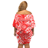 Hawaii Kauai Island Off Shoulder Short Dress Hibiscus Pattern Seamless Tribal Simple Red LT03 - Polynesian Pride