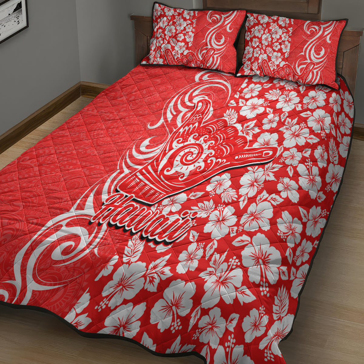 Hawaii Kauai Island Quilt Bed Set Hibiscus Pattern Seamless Tribal Simple Red LT03 - Polynesian Pride