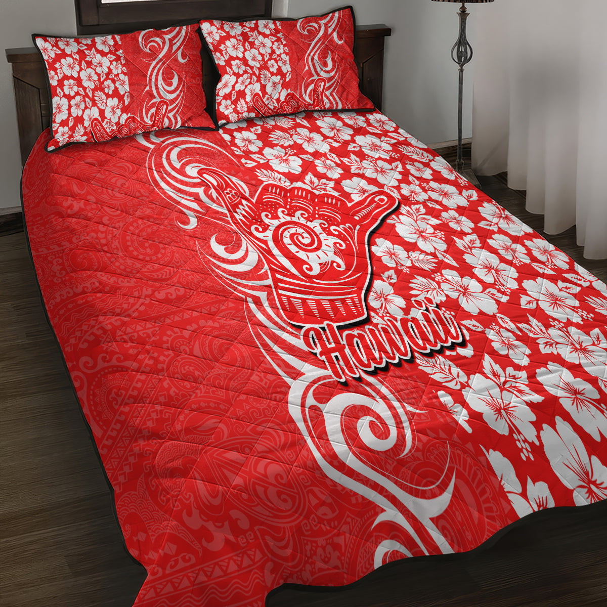 Hawaii Kauai Island Quilt Bed Set Hibiscus Pattern Seamless Tribal Simple Red LT03 - Polynesian Pride