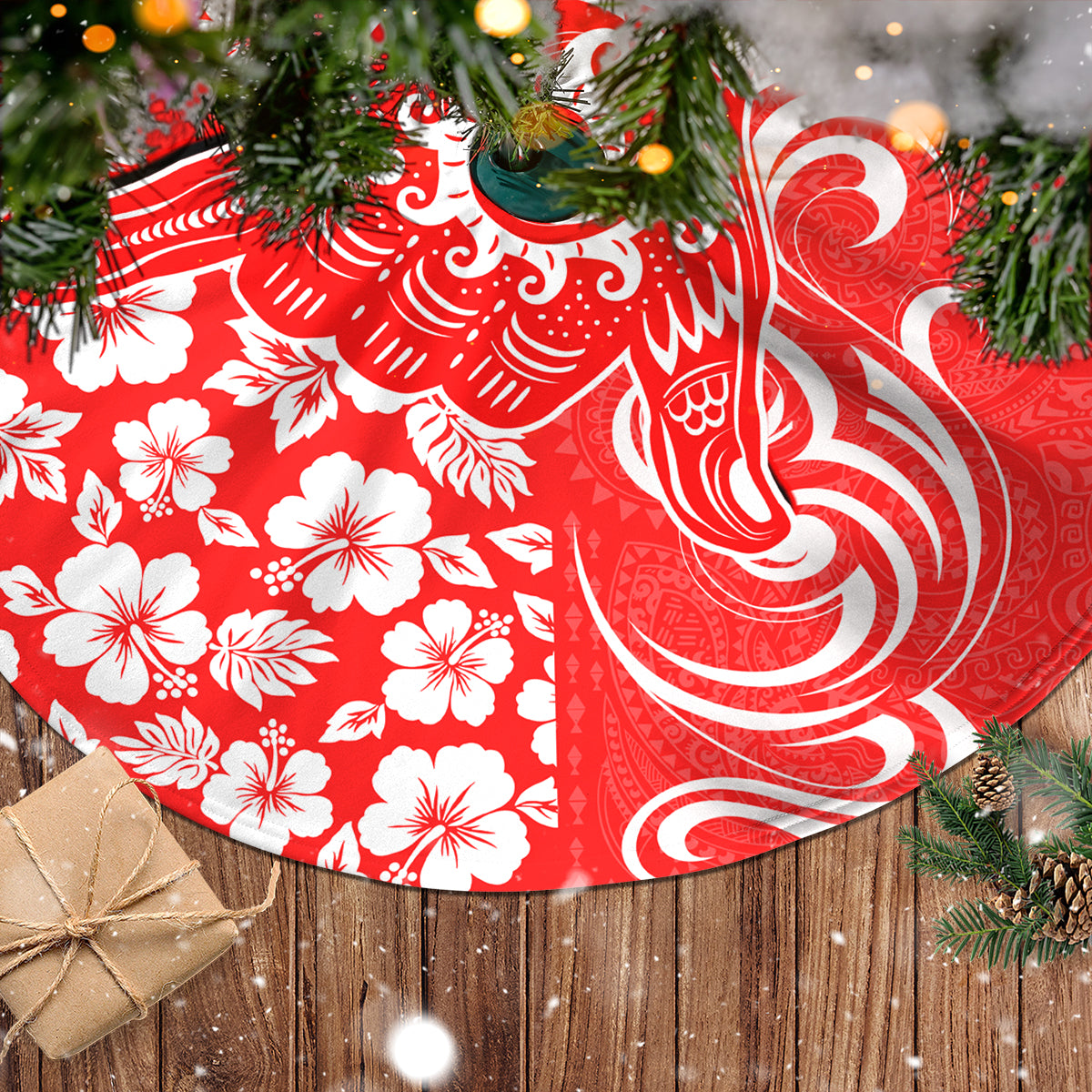 Hawaii Kauai Island Tree Skirt Hibiscus Pattern Seamless Tribal Simple Red LT03 - Polynesian Pride