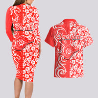Custom Hawaii Kauai Island Couples Matching Long Sleeve Bodycon Dress and Hawaiian Shirt Hibiscus Pattern Seamless Tribal Simple Red LT03 - Polynesian Pride