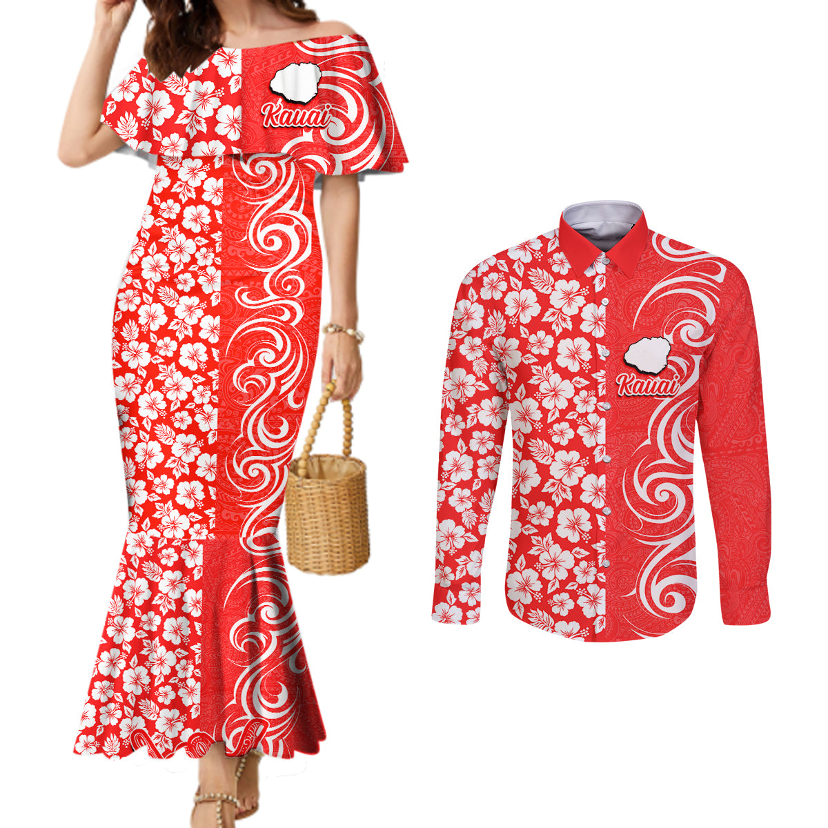 Custom Hawaii Kauai Island Couples Matching Mermaid Dress and Long Sleeve Button Shirts Hibiscus Pattern Seamless Tribal Simple Red LT03 Red - Polynesian Pride