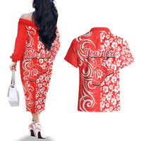 Custom Hawaii Kauai Island Couples Matching Off The Shoulder Long Sleeve Dress and Hawaiian Shirt Hibiscus Pattern Seamless Tribal Simple Red LT03 - Polynesian Pride
