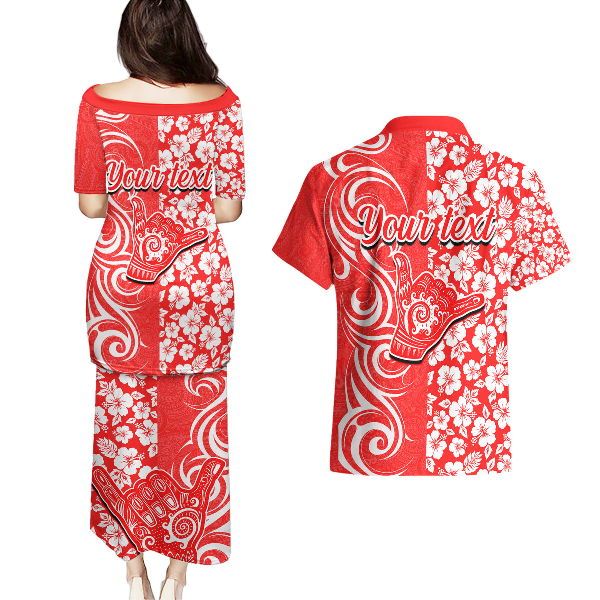 Custom Hawaii Kauai Island Couples Matching Puletasi Dress and Hawaiian Shirt Hibiscus Pattern Seamless Tribal Simple Red LT03 - Polynesian Pride
