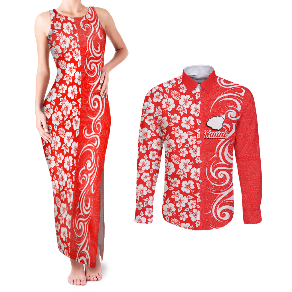 Custom Hawaii Kauai Island Couples Matching Tank Maxi Dress and Long Sleeve Button Shirts Hibiscus Pattern Seamless Tribal Simple Red LT03 Red - Polynesian Pride