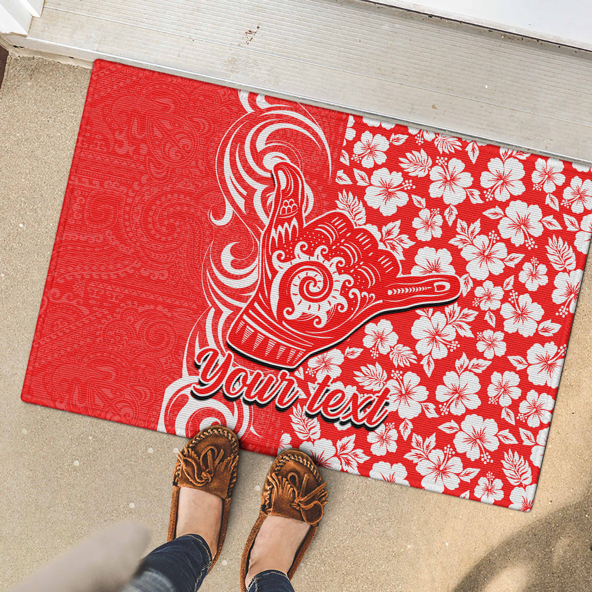 Custom Hawaii Kauai Island Rubber Doormat Hibiscus Pattern Seamless Tribal Simple Red LT03 - Polynesian Pride