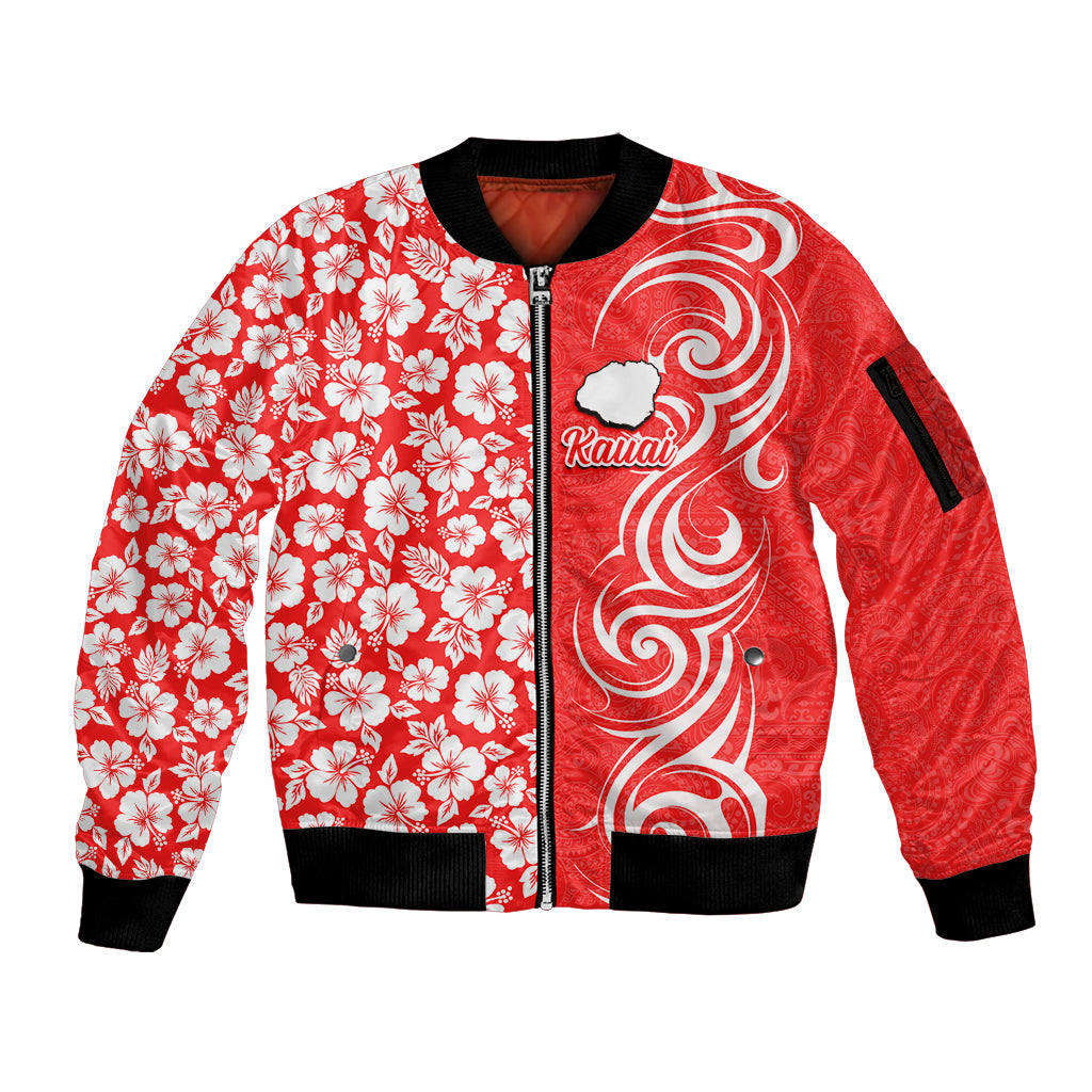 Custom Hawaii Kauai Island Sleeve Zip Bomber Jacket Hibiscus Pattern Seamless Tribal Simple Red LT03 Unisex Red - Polynesian Pride