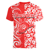 Custom Hawaii Kauai Island Women V Neck T Shirt Hibiscus Pattern Seamless Tribal Simple Red LT03 - Polynesian Pride