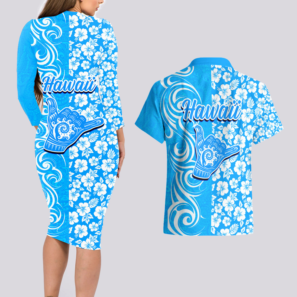 Hawaii Kauai Island Couples Matching Long Sleeve Bodycon Dress and Hawaiian Shirt Hibiscus Pattern Seamless Tribal Simple Blue LT03 - Polynesian Pride