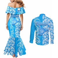 Hawaii Kauai Island Couples Matching Mermaid Dress and Long Sleeve Button Shirts Hibiscus Pattern Seamless Tribal Simple Blue LT03 - Polynesian Pride