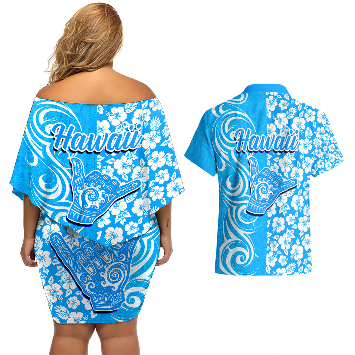 Hawaii Kauai Island Couples Matching Off Shoulder Short Dress and Hawaiian Shirt Hibiscus Pattern Seamless Tribal Simple Blue LT03 - Polynesian Pride