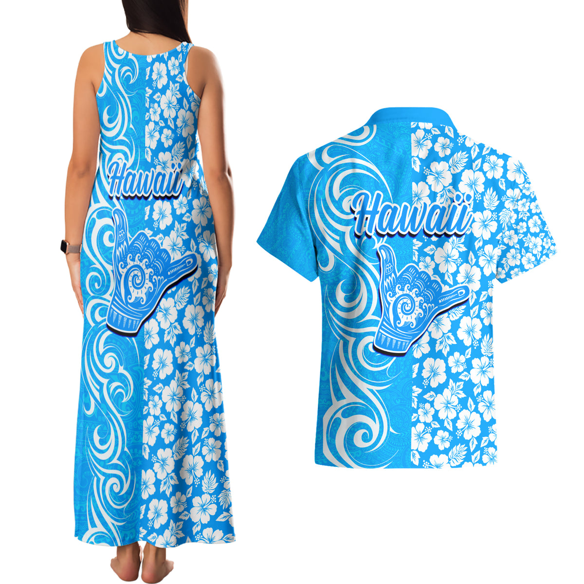 Hawaii Kauai Island Couples Matching Tank Maxi Dress and Hawaiian Shirt Hibiscus Pattern Seamless Tribal Simple Blue LT03 - Polynesian Pride
