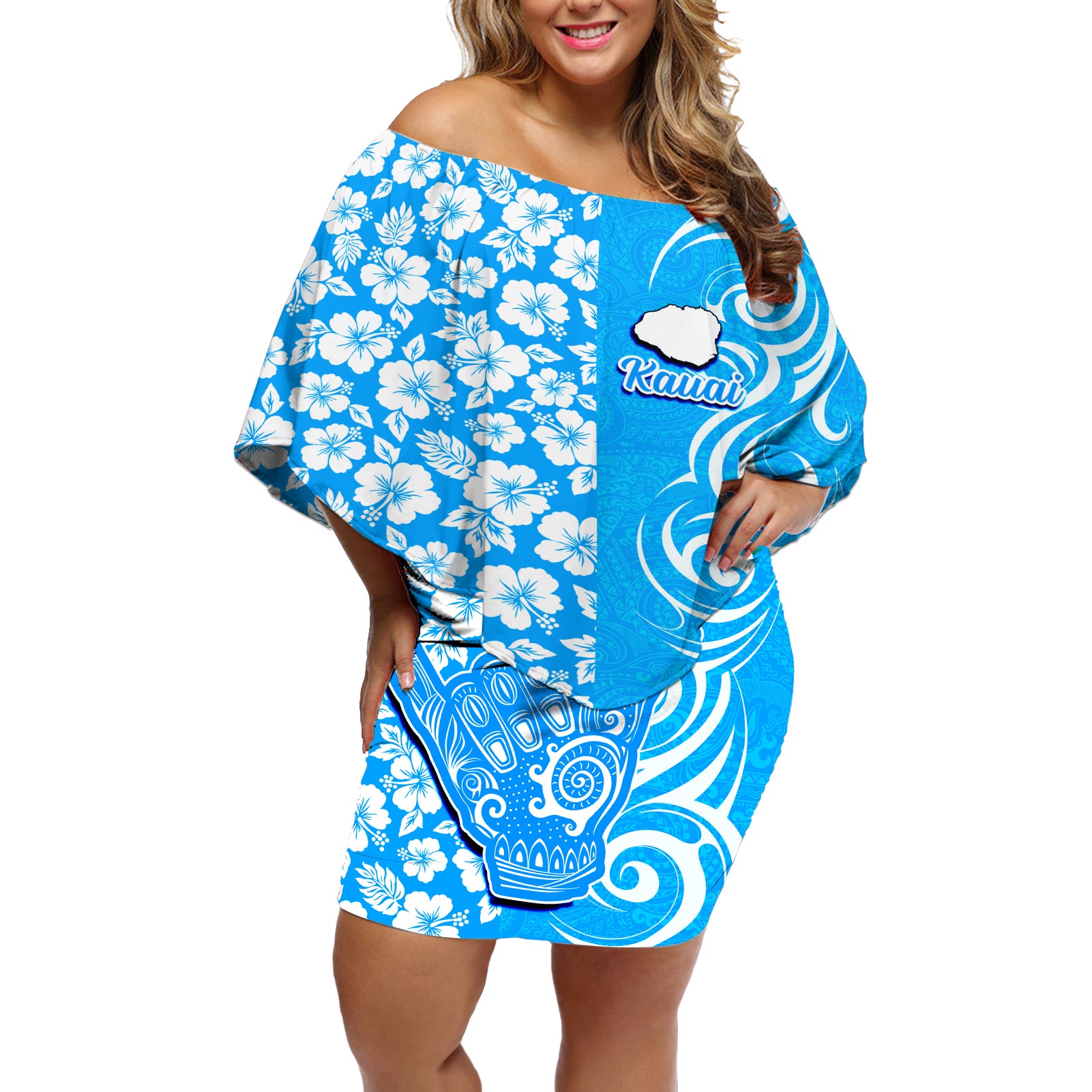 Hawaii Kauai Island Off Shoulder Short Dress Hibiscus Pattern Seamless Tribal Simple Blue LT03 Women Blue - Polynesian Pride