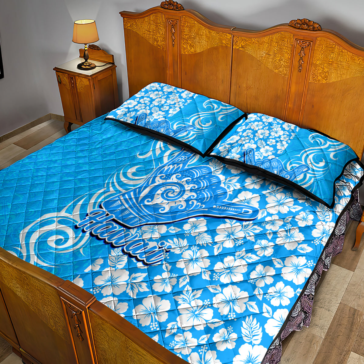 Hawaii Kauai Island Quilt Bed Set Hibiscus Pattern Seamless Tribal Simple Blue LT03 - Polynesian Pride