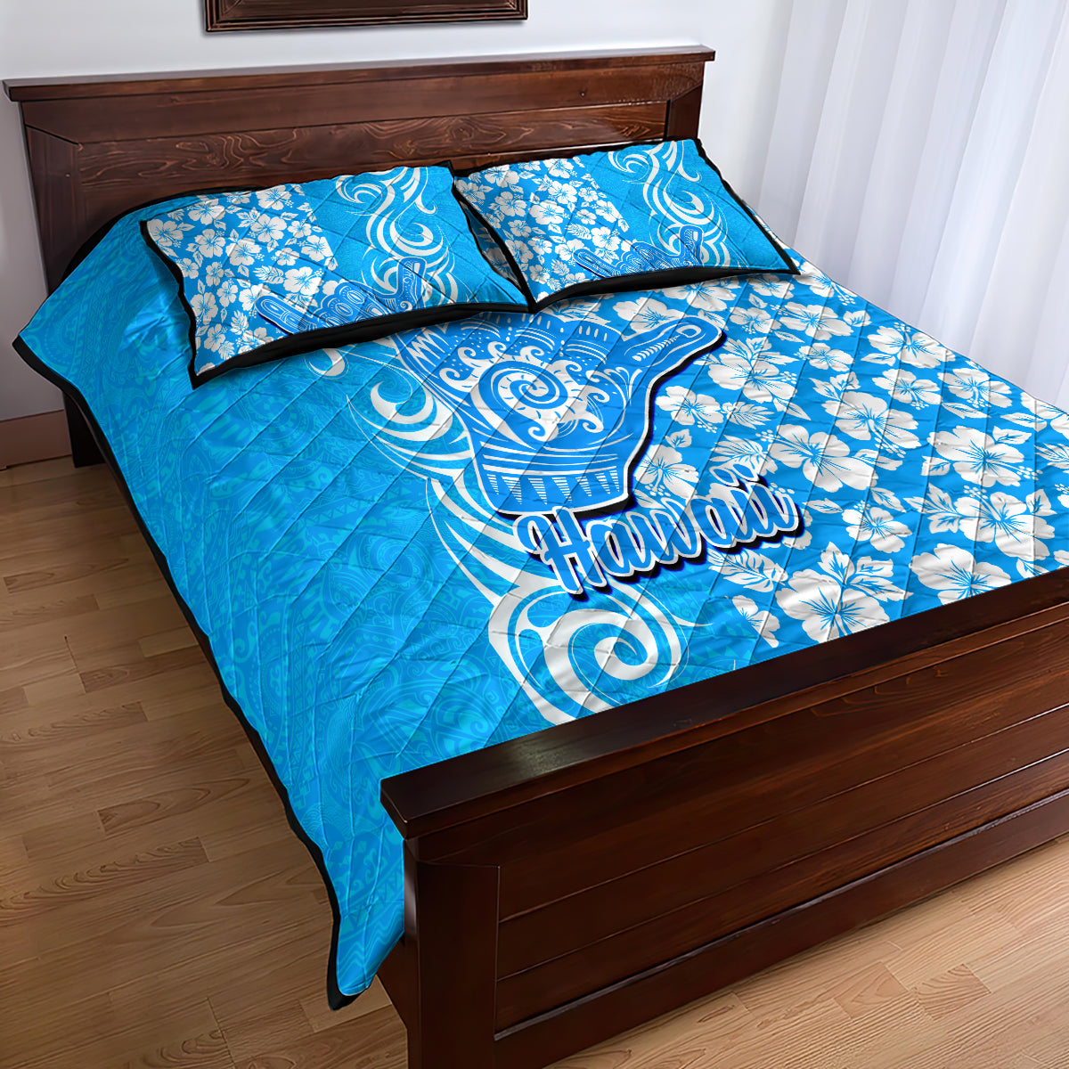 Hawaii Kauai Island Quilt Bed Set Hibiscus Pattern Seamless Tribal Simple Blue LT03 - Polynesian Pride