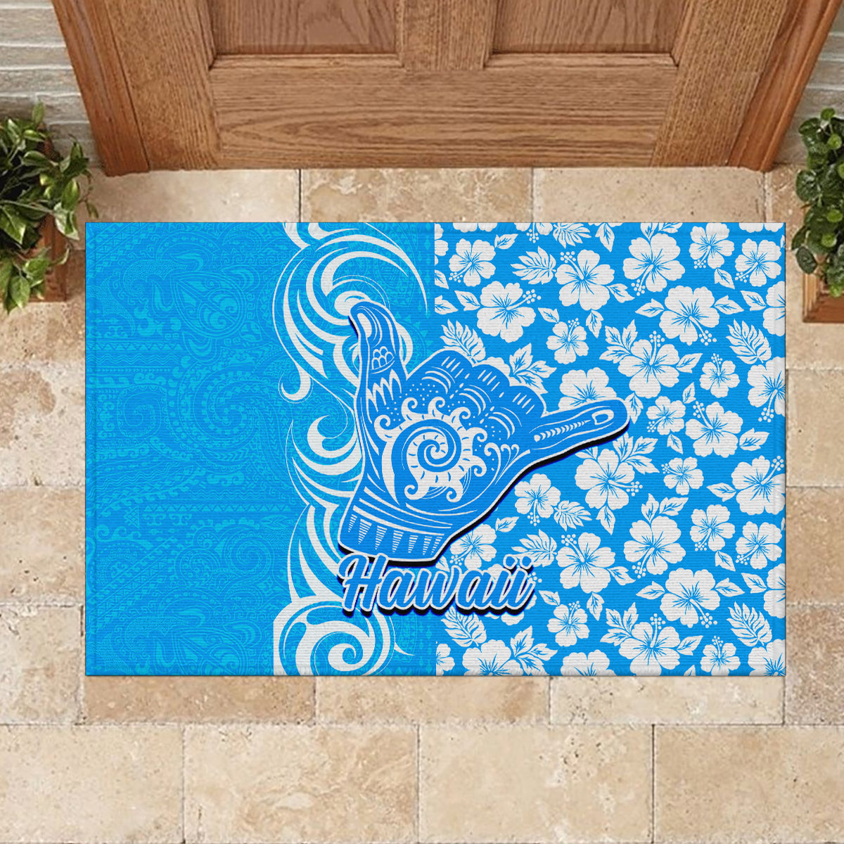 Hawaii Kauai Island Rubber Doormat Hibiscus Pattern Seamless Tribal Simple Blue LT03 - Polynesian Pride
