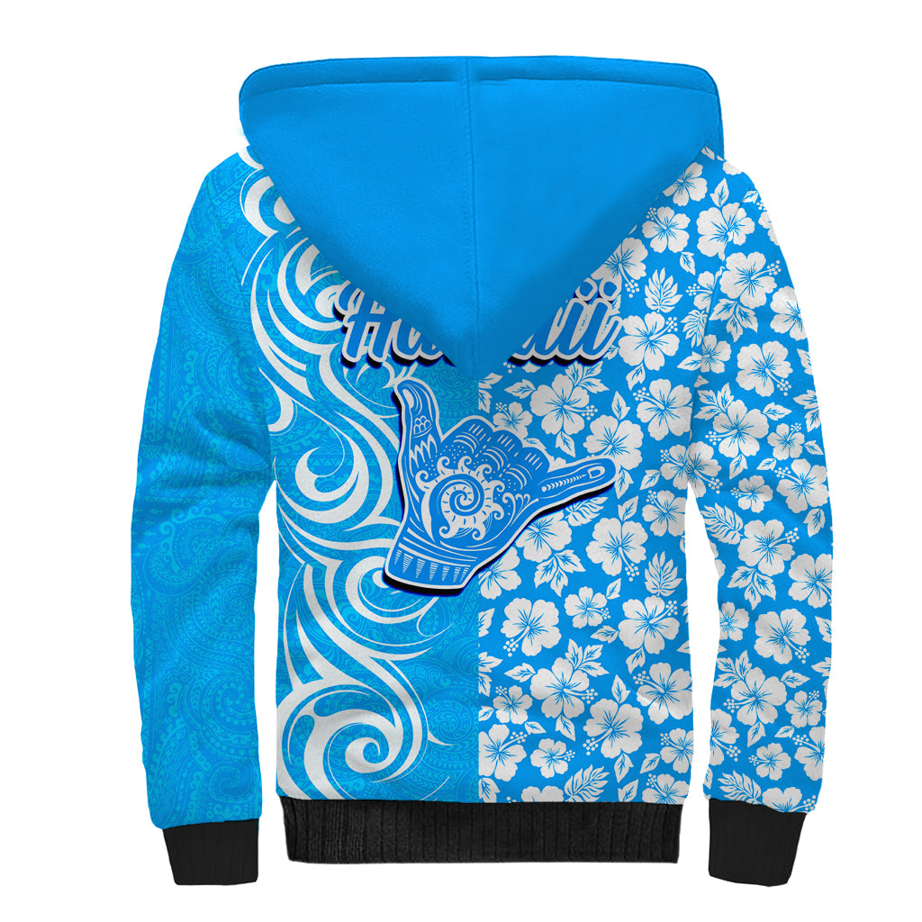 Hawaii Kauai Island Sherpa Hoodie Hibiscus Pattern Seamless Tribal Simple Blue LT03 - Polynesian Pride