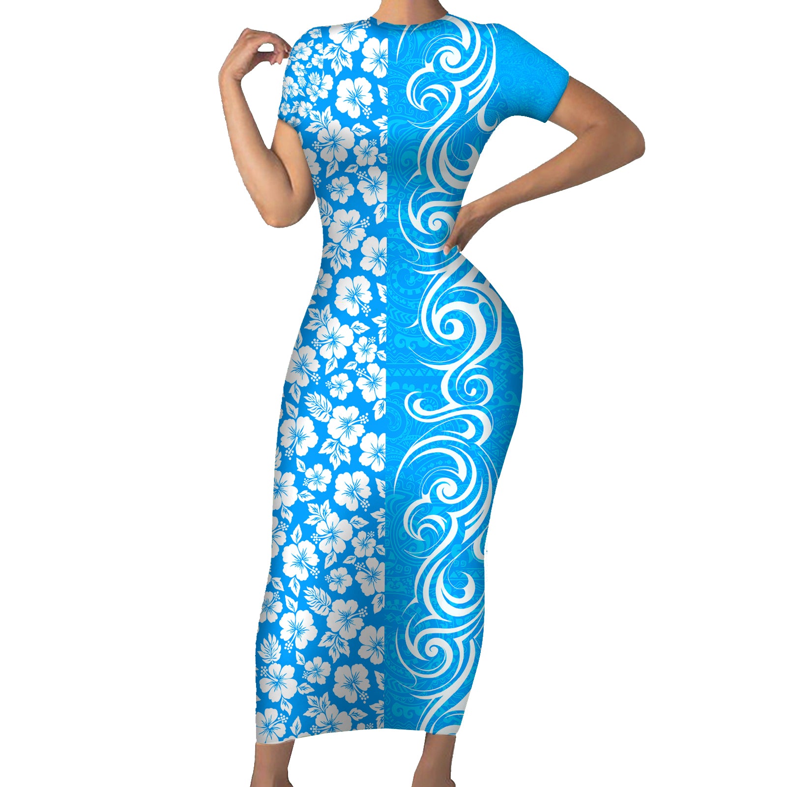 Hawaii Kauai Island Short Sleeve Bodycon Dress Hibiscus Pattern Seamless Tribal Simple Blue LT03 Long Dress Blue - Polynesian Pride