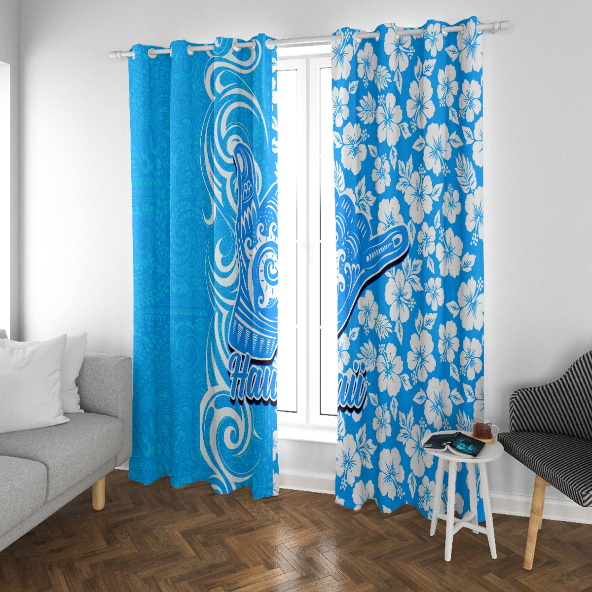 Hawaii Kauai Island Window Curtain Hibiscus Pattern Seamless Tribal Simple Blue LT03 With Grommets Blue - Polynesian Pride