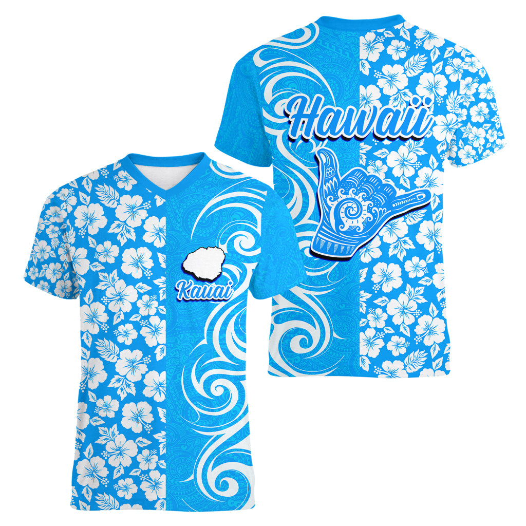 Hawaii Kauai Island Women V Neck T Shirt Hibiscus Pattern Seamless Tribal Simple Blue LT03 - Polynesian Pride