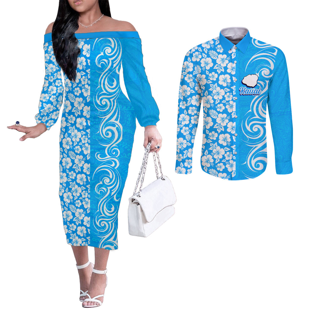 Custom Hawaii Kauai Island Couples Matching Off The Shoulder Long Sleeve Dress and Long Sleeve Button Shirts Hibiscus Pattern Seamless Tribal Simple Blue LT03 Blue - Polynesian Pride