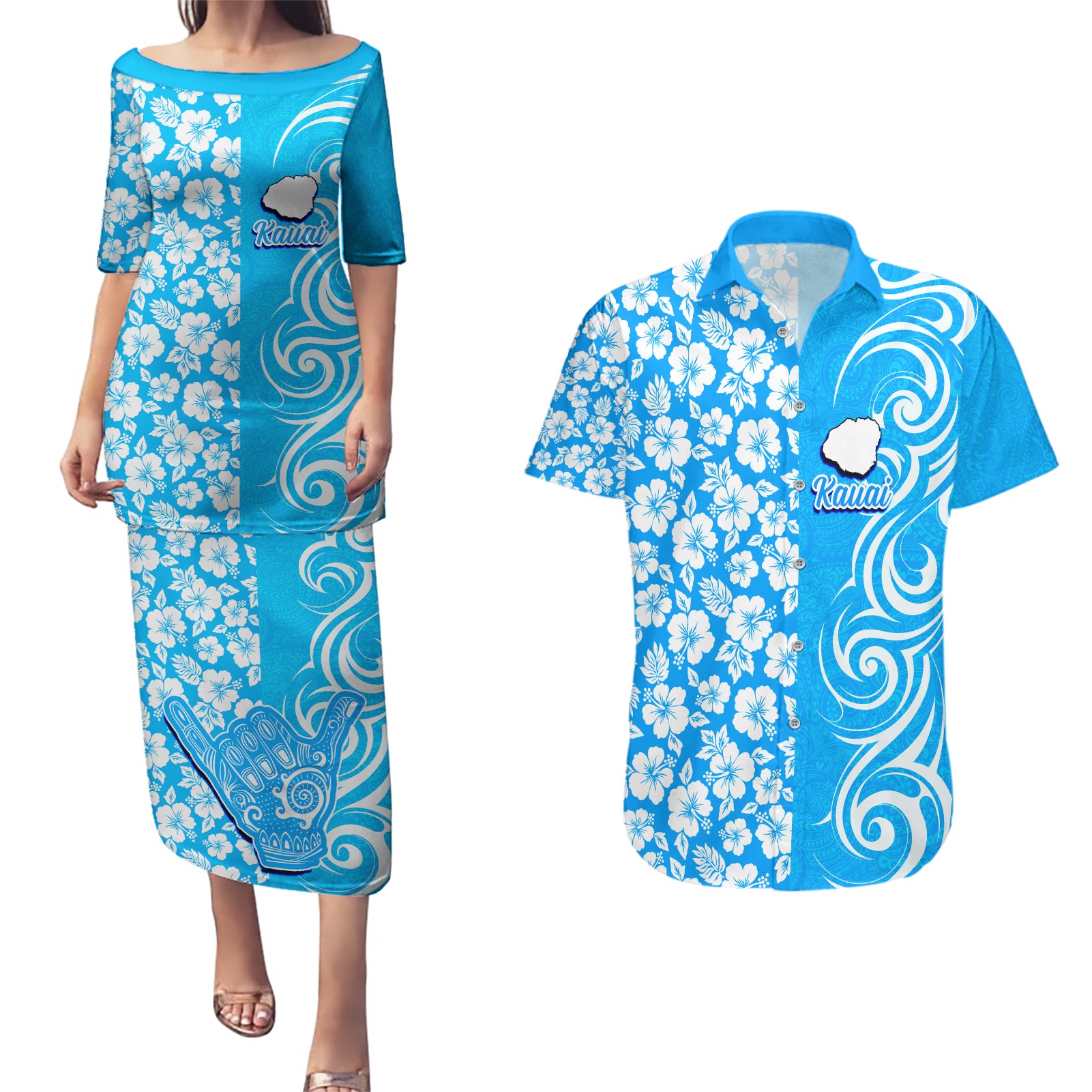 Custom Hawaii Kauai Island Couples Matching Puletasi Dress and Hawaiian Shirt Hibiscus Pattern Seamless Tribal Simple Blue LT03 Blue - Polynesian Pride