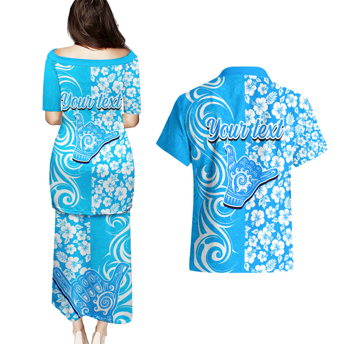 Custom Hawaii Kauai Island Couples Matching Puletasi Dress and Hawaiian Shirt Hibiscus Pattern Seamless Tribal Simple Blue LT03 - Polynesian Pride