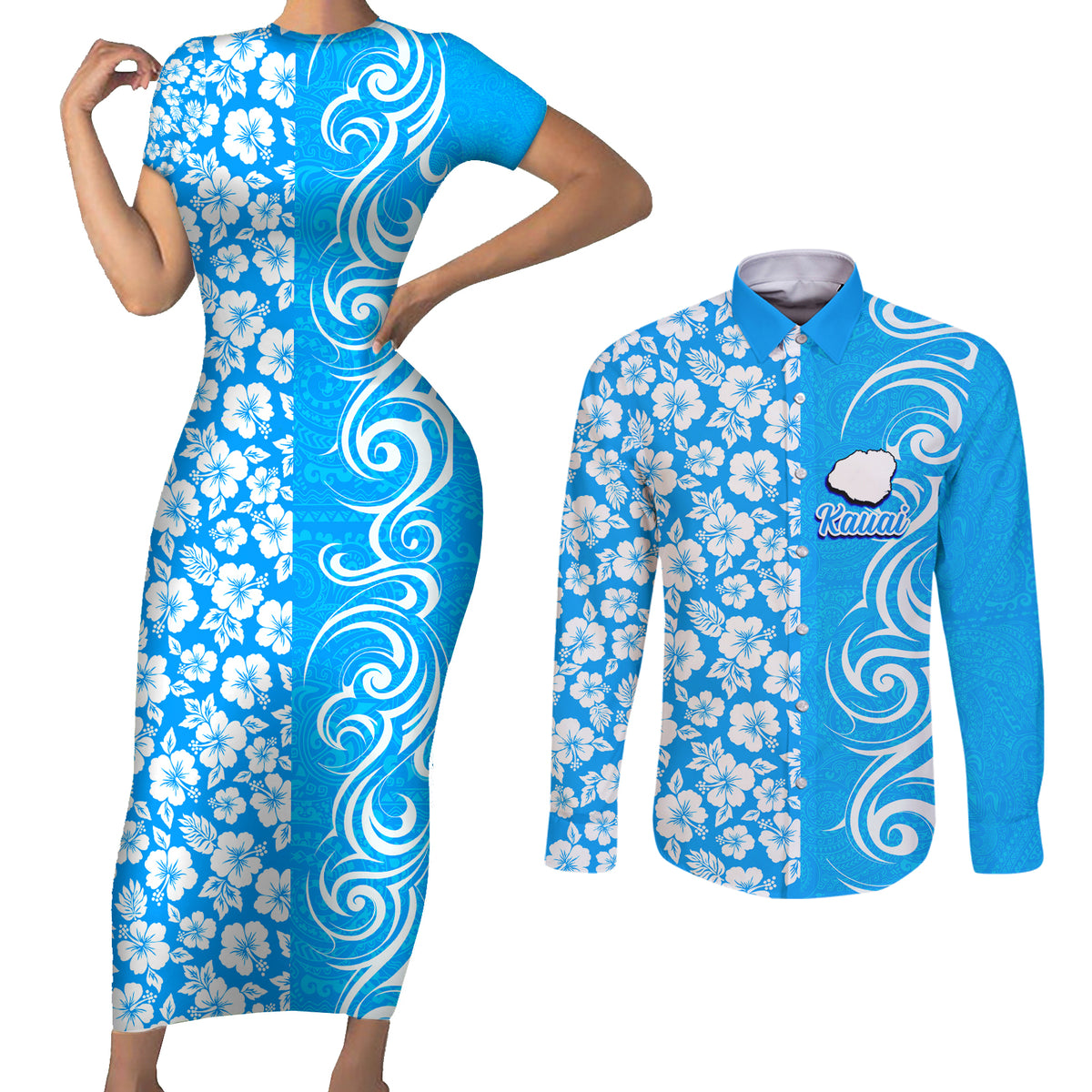 Custom Hawaii Kauai Island Couples Matching Short Sleeve Bodycon Dress and Long Sleeve Button Shirts Hibiscus Pattern Seamless Tribal Simple Blue LT03 Blue - Polynesian Pride