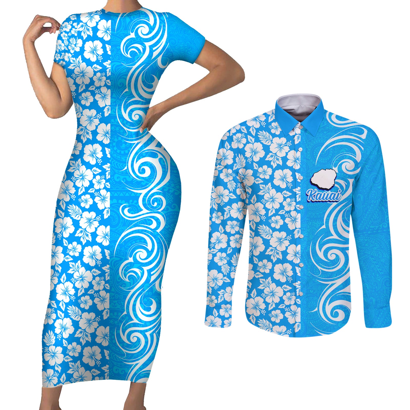 Custom Hawaii Kauai Island Couples Matching Short Sleeve Bodycon Dress and Long Sleeve Button Shirts Hibiscus Pattern Seamless Tribal Simple Blue LT03 Blue - Polynesian Pride