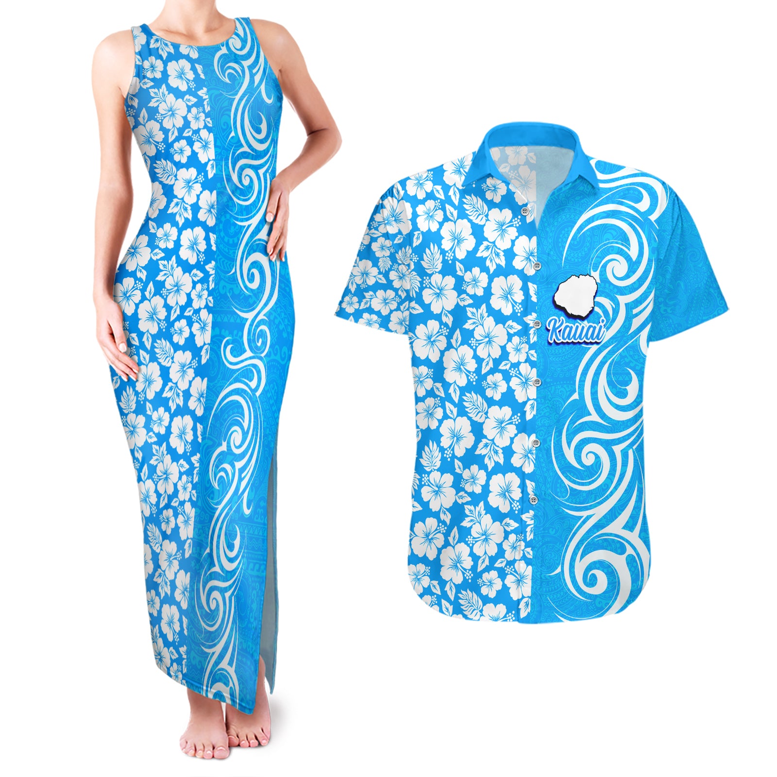 Custom Hawaii Kauai Island Couples Matching Tank Maxi Dress and Hawaiian Shirt Hibiscus Pattern Seamless Tribal Simple Blue LT03 Blue - Polynesian Pride