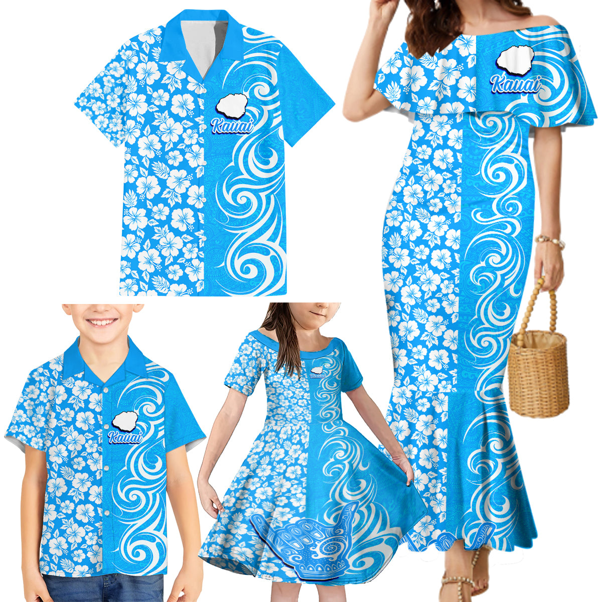 Custom Hawaii Kauai Island Family Matching Mermaid Dress and Hawaiian Shirt Hibiscus Pattern Seamless Tribal Simple Blue LT03 - Polynesian Pride